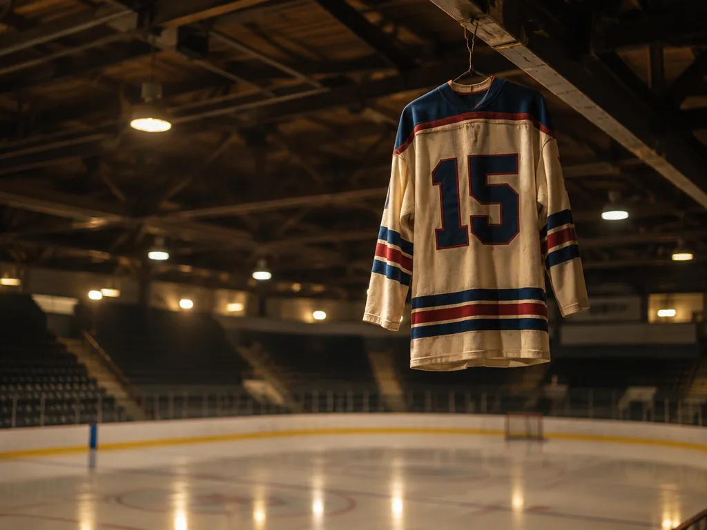 Gammal hockeytröja med nummer 15 hängande under taket i en ishall