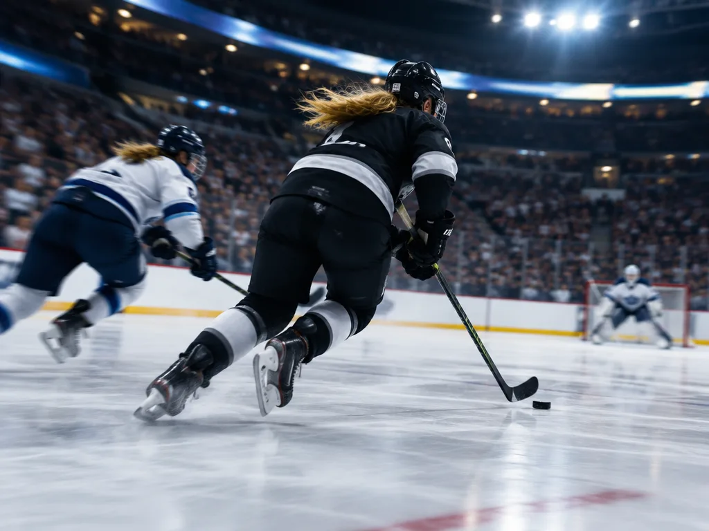 Damhockeyforward i svart matchtröja driver pucken mot mål i en fullsatt nordamerikansk arena