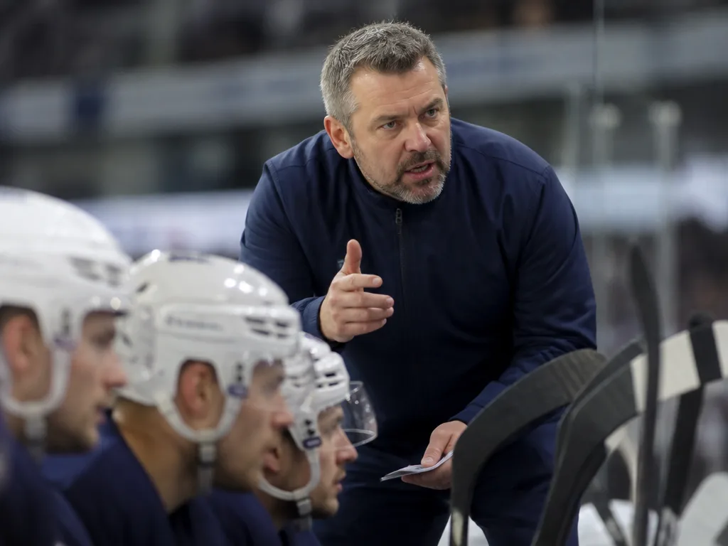 Ishockeytränare i klubbkläder ger instruktioner från bänken under en SHL-match