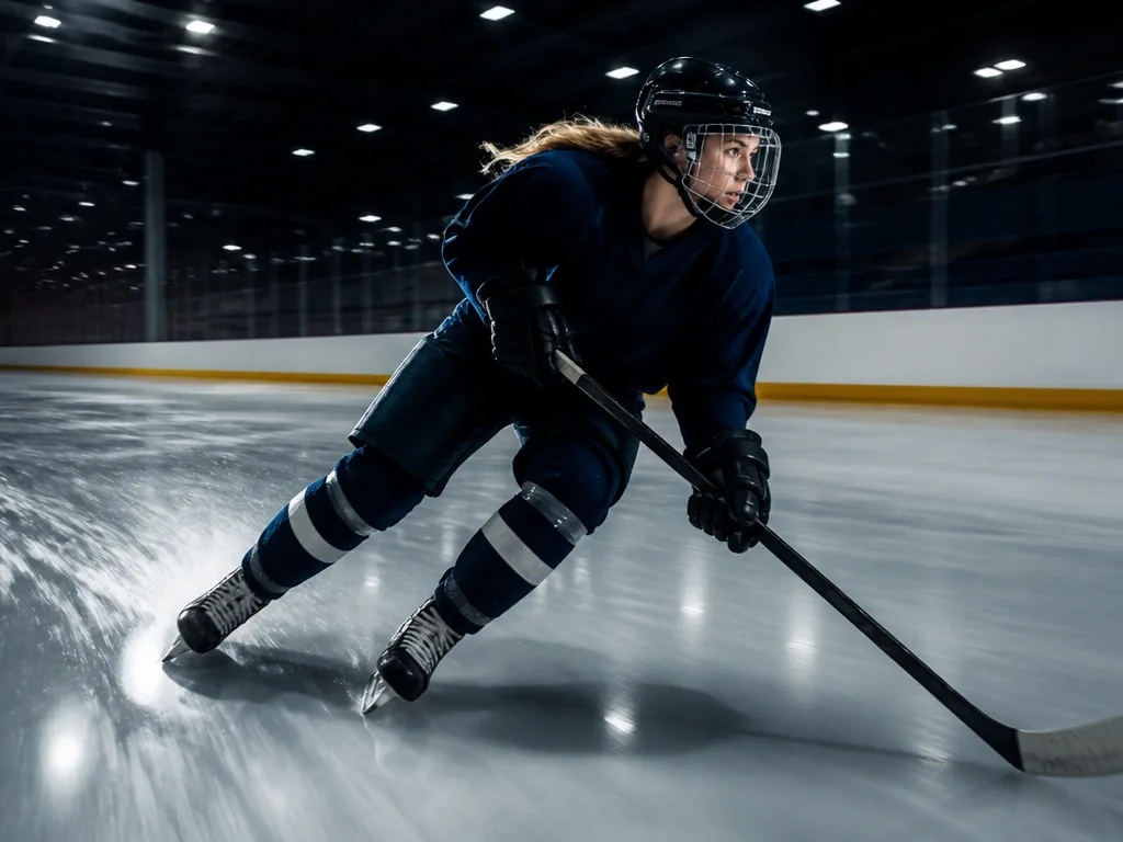 Ishockeyback i mörkblå tröja skridskoåker i fart på en isbana