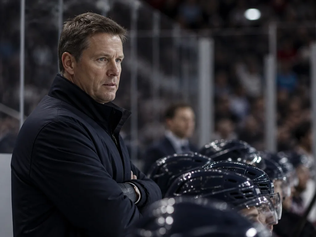 Ishockeytränare i klubbkläder står vid sargen under en SHL-match