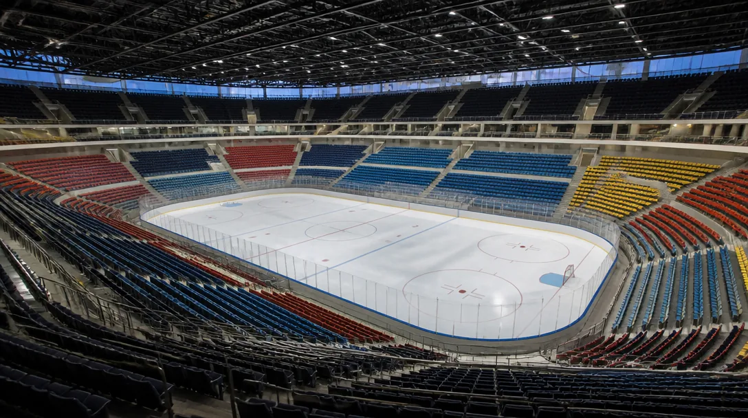 Stor internationell ishockeyarena sedd högt uppifrån läktaren med isen upplyst nedanför